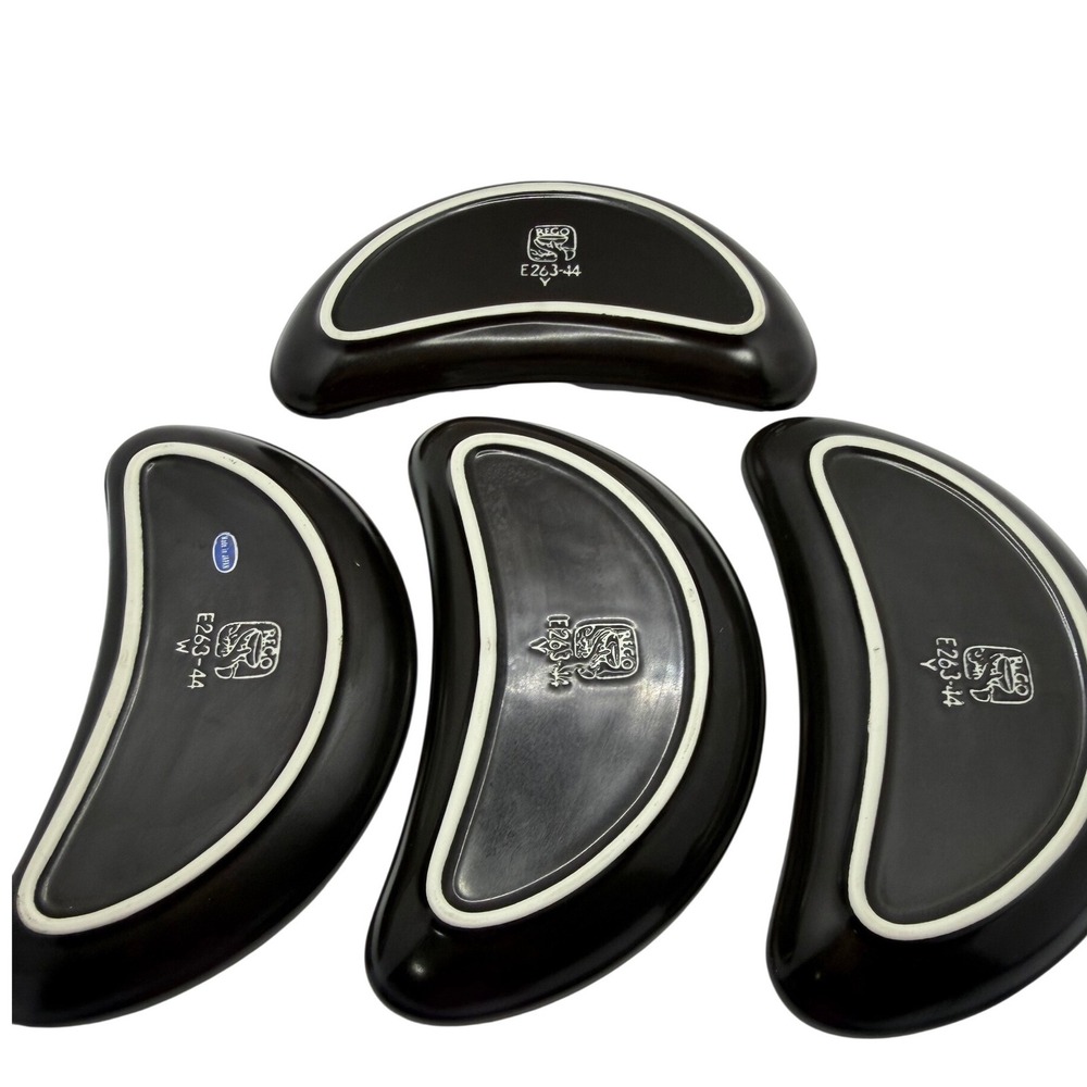 Vintage Rego Japan E263-44 Crescent Side Plates Matte Black Tan Rim Set of 4 - Picture 6 of 10